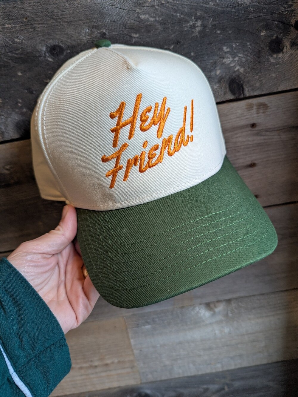 Hey Friend! Embroidered Two-Tone Trucker Hat - Cream & Green STATE FORTY EIGHT
